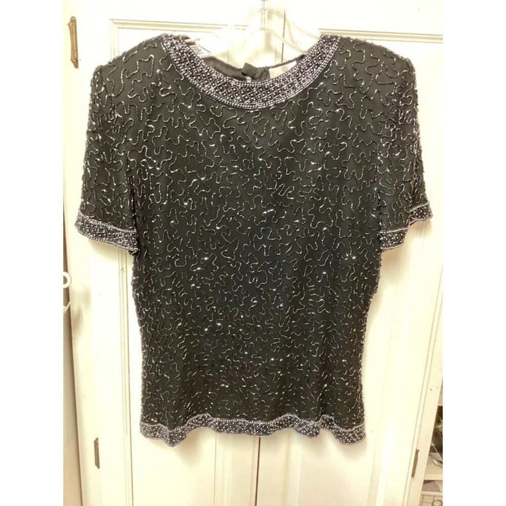 Vintage black 100% silk peacock beaded top blouse size L